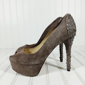 Brian Atwood Gray Peep Toe Suede Leather  Platform Fancy Fashion  Heels Pumps